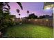 Fenced backyard with healthy green grass and tropical landscaping under a colorful sunset at 10516 Gretna Green Dr, Tampa, FL 33626