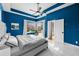 Bedroom featuring blue walls, white trim, ceiling fan, and view to the outdoors at 10516 Gretna Green Dr, Tampa, FL 33626