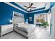 Stylish main bedroom featuring a tray ceiling, modern decor, and ample natural light at 10516 Gretna Green Dr, Tampa, FL 33626