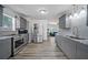 Modern kitchen featuring stainless steel appliances, gray cabinets, and granite countertops at 12304 Woodleigh Ave, Tampa, FL 33612