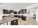 Modern kitchen with granite countertops, a stainless steel refrigerator, and dark cabinetry at 13903 Sage Thrasher Ln, Riverview, FL 33579