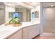 Bathroom featuring double sinks with a plant on a big counter and a shower cabin at 14840 Shipwatch Trce # 1924, Largo, FL 33774