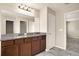 Bathroom with double vanity, granite countertop, wood cabinets, and a large mirror at 16016 Persimmon Grove Dr, Lithia, FL 33547