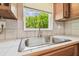 Kitchen sink with stainless faucet and view of the backyard trees at 2205 Henley Rd, Lutz, FL 33558