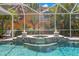 Beautiful view of the inviting screened-in pool and spa with decorative fire bowls and tropical landscape at 703 Monte Cristo Blvd, Tierra Verde, FL 33715