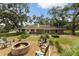 Backyard retreat featuring a fire pit, lush landscaping, and an outdoor seating area at 9542 Wallien Dr, Brooksville, FL 34601