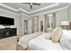 Spacious main bedroom with tray ceiling, carpet, and large windows with wooden shutter blinds at 11510 Quiet Forest Dr, Tampa, FL 33635
