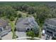 This aerial view features the beautiful home, neighborhood, and solar panels at 14223 Lambert Bridge Ln, Lithia, FL 33547