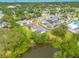 Bird's-eye view highlighting a residential area with a private pool and nearby lake at 152 Glenn Moor Cir, Dunedin, FL 34698