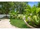 Lush backyard featuring tropical plants, a white fence and a well manicured lawn at 15801 Cottontail Pl, Tampa, FL 33624