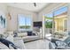 Cozy living room with a large sofa, accent chairs, and sliding glass doors to the patio at 17 Franklin S Ct # C, St Petersburg, FL 33711