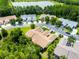 Expansive aerial view of a residential neighborhood with mature trees and a serene lake in the background at 21209 Diamonte Dr, Land O Lakes, FL 34637