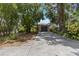 Long driveway leading to a detached garage, surrounded by lush trees and landscaping at 502 Lincoln Ave, Tarpon Springs, FL 34689