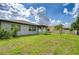 Spacious backyard featuring lush green grass, partial fencing, and a covered patio at 6119 Bradford Woods Dr, Zephyrhills, FL 33542
