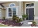 Close up of a beautiful front entrance featuring an elegant black door, side window, and mature landscaping at 9322 Via Segovia, New Port Richey, FL 34655