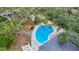 Aerial view of a kidney-shaped in-ground pool surrounded by lush greenery and a patio area at 10930 Marjory Ave, Tampa, FL 33612