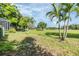 The lush green backyard of the home features a wide open green space and gorgeous mature trees at 2216 Eagle Bluff Dr, Valrico, FL 33596