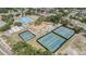 Overhead view of the recreation area with tennis courts, a basketball court, and playground in a residential neighborhood at 2216 Eagle Bluff Dr, Valrico, FL 33596