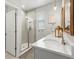 Modern bathroom featuring a glass-enclosed shower, white vanity, and decorative mirror at 2401 Morninglight Dr, Lutz, FL 33558