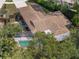 Aerial view of a private pool with screened enclosure, surrounded by mature trees and lush greenery at 3205 Coventry N, Safety Harbor, FL 34695