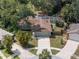 Aerial view of a home with a pool, screened-in patio and landscaped backyard at 3205 Coventry N, Safety Harbor, FL 34695