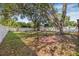 Fenced in backyard includes a shed, mature trees and a portable basketball hoop at 3310 W Ballast Point Blvd, Tampa, FL 33611