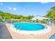 Bright community pool is surrounded by lounge chairs, tables, and umbrellas for relaxation at 3447 Killdeer Pl, Palm Harbor, FL 34685