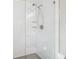 Close-up of glass shower featuring subway tiles, built-in shelves, and hexagon tiling on the floor at 4802 18Th St, Zephyrhills, FL 33542