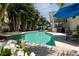 Resort-style pool and spa surrounded by lush landscaping, a grill, and ample seating on a sunny day at 852 Cordova Ne Blvd, St Petersburg, FL 33704