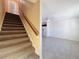 View of the staircase and adjacent living room with neutral walls, tile floors, and a ceiling fan at 9201 Tudor Dr # C212, Tampa, FL 33615