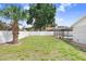 Large grassy backyard enclosed by a white fence with a screened-in pool visible in the corner at 1017 Cameo Crest Ln, Valrico, FL 33596