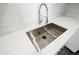 Close-up of a modern stainless steel kitchen sink with a stylish faucet and bright countertops at 1119 Eau Claire Cir, Tampa, FL 33619