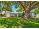 Attractive single-story house with an attached garage, meticulously kept lawn, and mature tree enhancing its facade at 1211 Stony Brook Ln, Dunedin, FL 34698