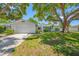Inviting single-story home featuring an attached garage, neat landscaping, and lush lawn shaded by large trees at 1211 Stony Brook Ln, Dunedin, FL 34698