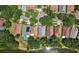 Aerial view of homes with pools and tree-lined streets near a tranquil lake, showing community layout at 2617 Heatherwood Dr, Tampa, FL 33618