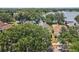 Aerial view of the property and neighborhood, nestled among lush trees and lake at 2617 Heatherwood Dr, Tampa, FL 33618