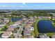 An aerial view showcases a residential community featuring ponds and landscaping at 33255 Kateland Dr, Wesley Chapel, FL 33545