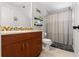 Bathroom featuring a vanity with ample storage, a toilet, and a shower with a curtain at 4701 W Wyoming Ave, Tampa, FL 33616