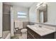 Bathroom featuring modern vanity, new fixtures, and subway tile in shower and bath at 5968 46Th N Ave, Kenneth City, FL 33709