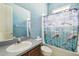 Bathroom with blue walls, bathtub-shower combo with dolphin shower curtain, and a single sink vanity at 7246 Bucks Ford Dr, Riverview, FL 33578