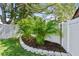 Lush landscaping with palm trees and curbing create an inviting outdoor space by the fence at 94 Nicholas Dr, Dunedin, FL 34698