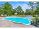Backyard pool surrounded by a stone patio and lush landscaping with chairs and table sets at 10197 Meadow Wren Ave, Weeki Wachee, FL 34613