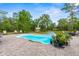 Beautiful backyard pool with water feature, surrounded by a stone patio and green landscaping at 10197 Meadow Wren Ave, Weeki Wachee, FL 34613