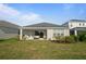 Well-maintained backyard with a covered patio and lush green grass, perfect for outdoor enjoyment at 10464 Tranquil Meadow Loop, Riverview, FL 33569