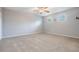 Spacious bedroom with plush carpet, ceiling fan, double closet, and three windows at 1524 Rhodeswell Ln, Dover, FL 33527