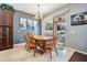 Inviting dining room with wood table and chairs, a sliding door to the patio, and attractive modern wall decor at 1524 Rhodeswell Ln, Dover, FL 33527