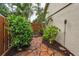 Backyard featuring stone pathway, wood fence, and tropical shrubbery at 1948 Elaine Dr, Clearwater, FL 33760