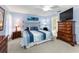 Comfortable main bedroom features soft blue walls, carpet flooring, and an ensuite bathroom at 1948 Elaine Dr, Clearwater, FL 33760