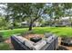 Outdoor seating area on a brick patio with views of the well-kept lawn and garden at 19711 Wellington Manor Blvd, Lutz, FL 33549