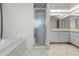 Clean bathroom showcases a walk-in shower and dual sinks, with soaking tub in the background at 206 Forest Wood Ct, Spring Hill, FL 34609